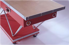 Red kitchen serving cart with metal grid legs